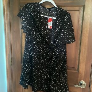 black and white polka dot wrap dress